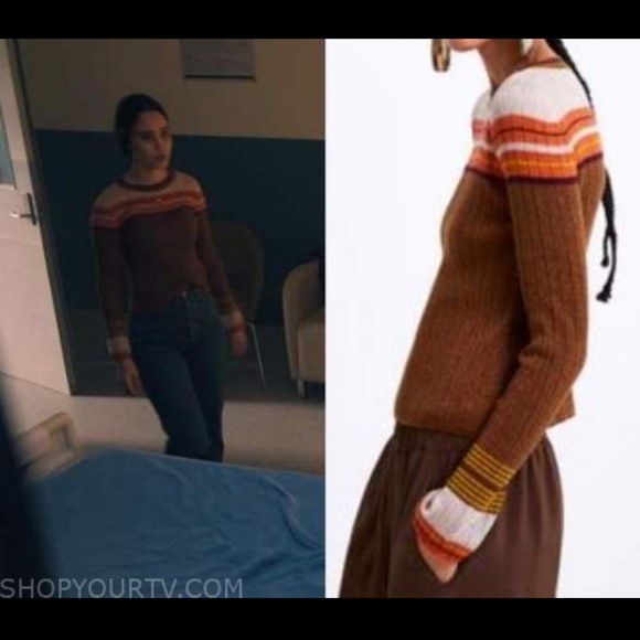 Zara Women’s Brown & Orange & Cream Sparkly Striped Bell Sleeve Knit Sweater - Picture 6 of 13